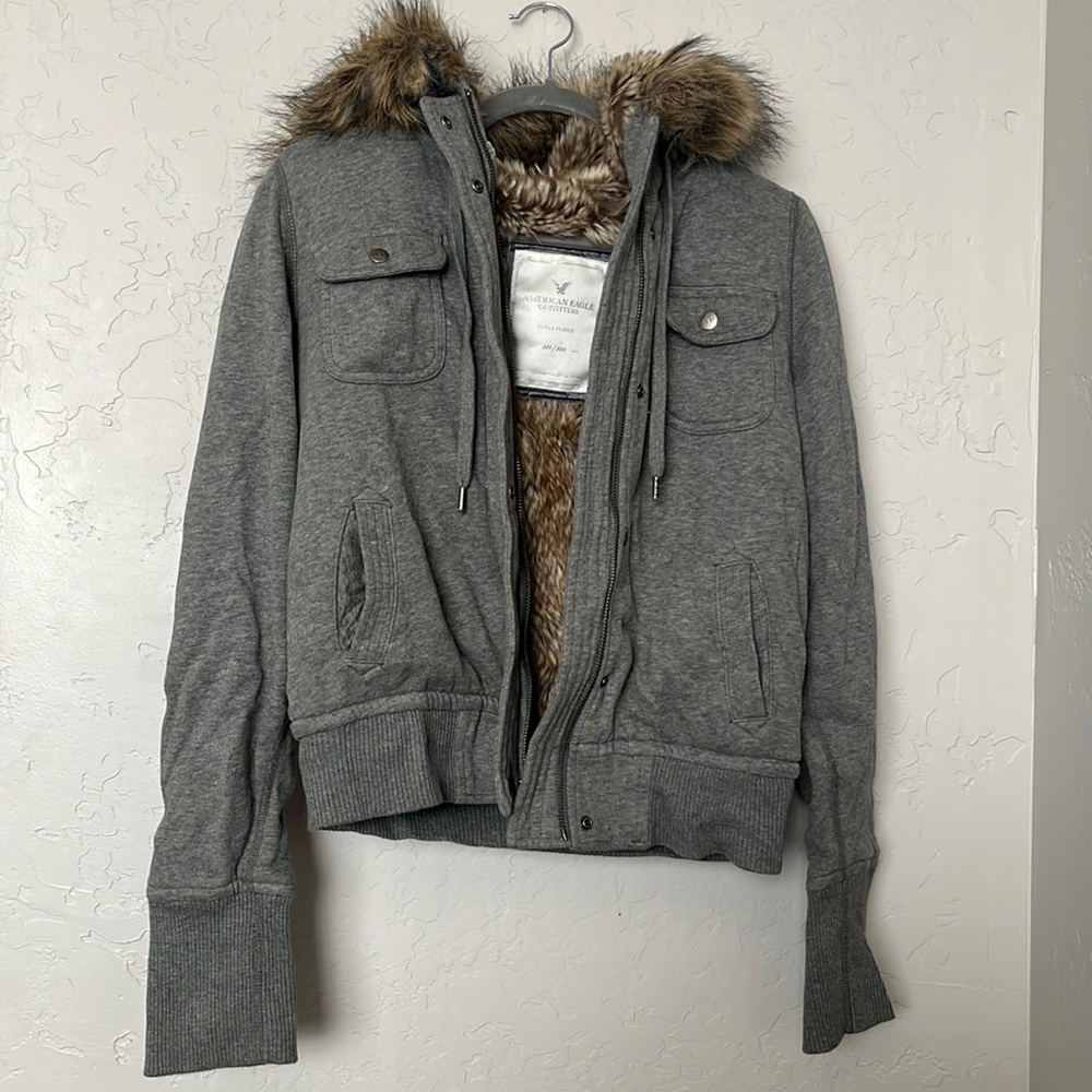 Grey Fur Lined Hood & Inside American Eagle Jacket